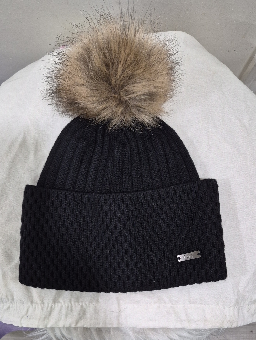 Black Knit Pom-Pom Beanie with Faux Fur Accent